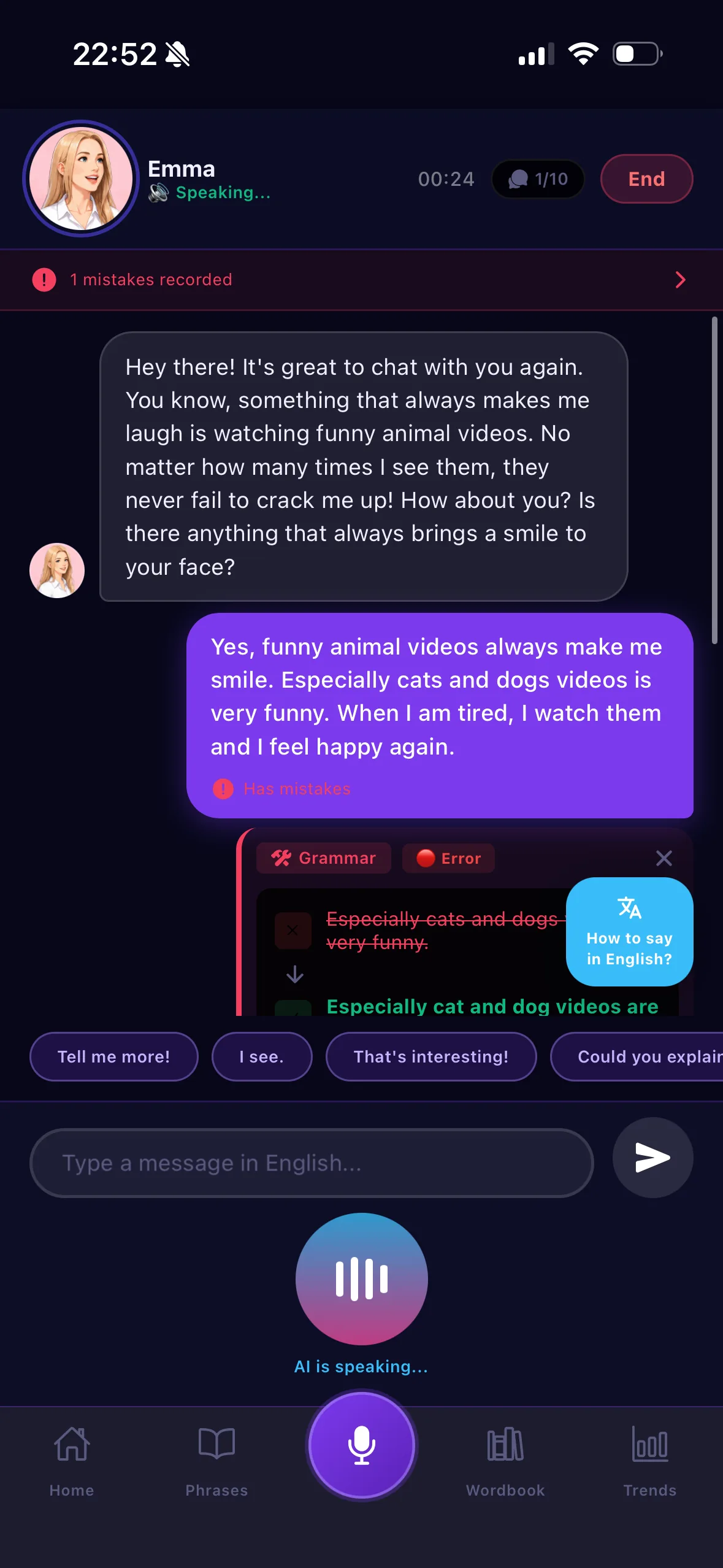 Conversation screen with an AI avatar