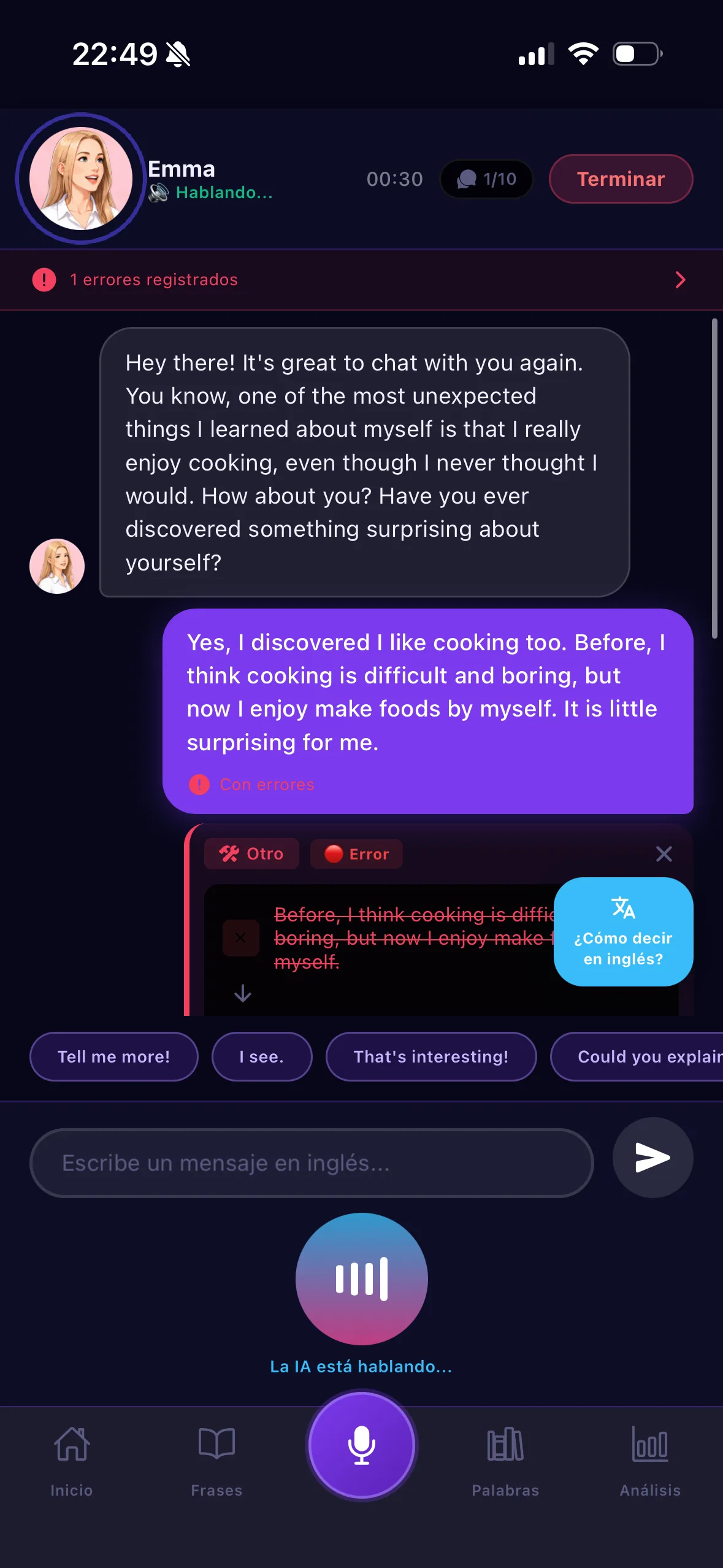 Pantalla de conversación con un avatar de IA